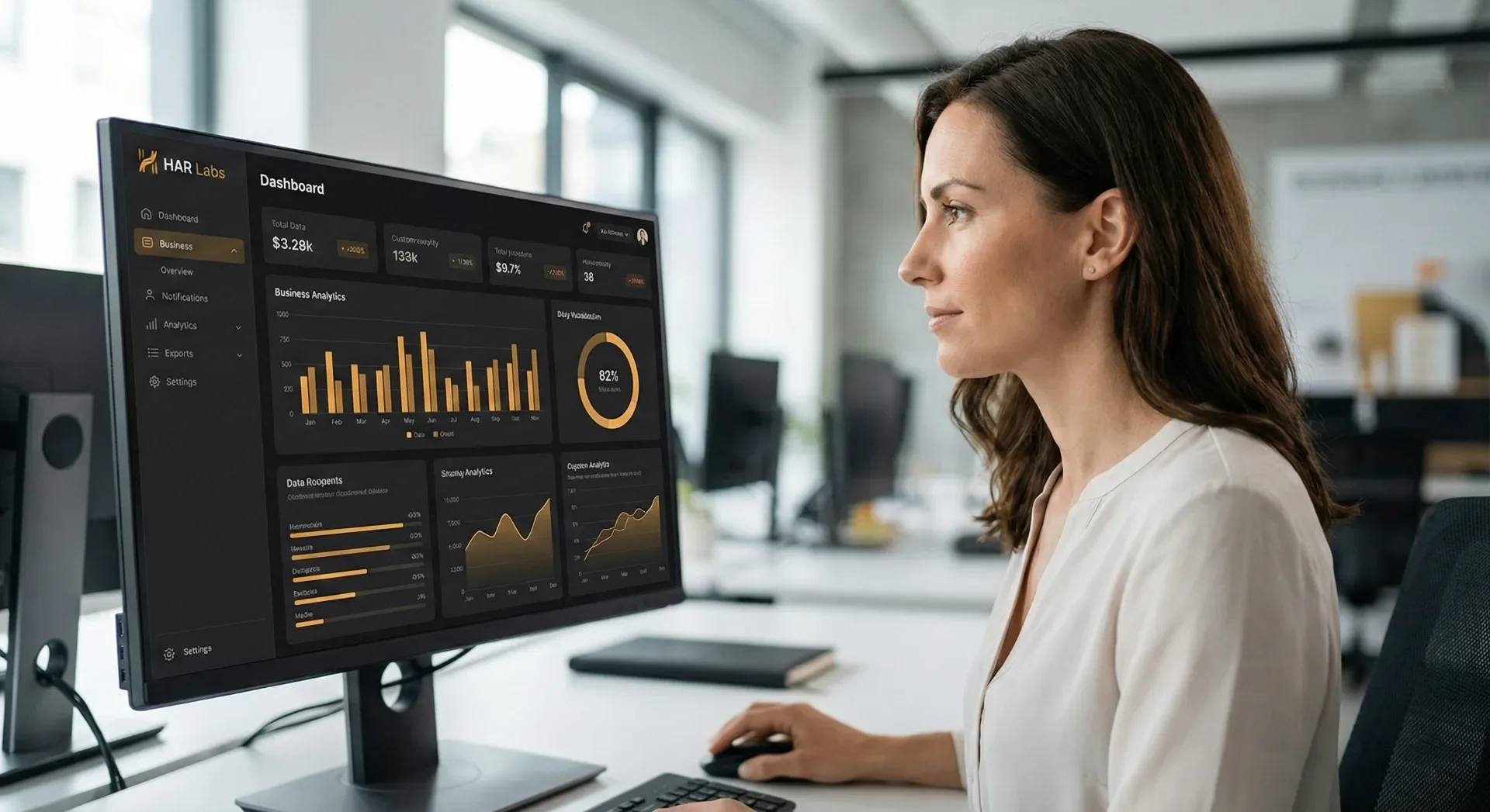 Business professional viewing a streamlined analytics dashboard