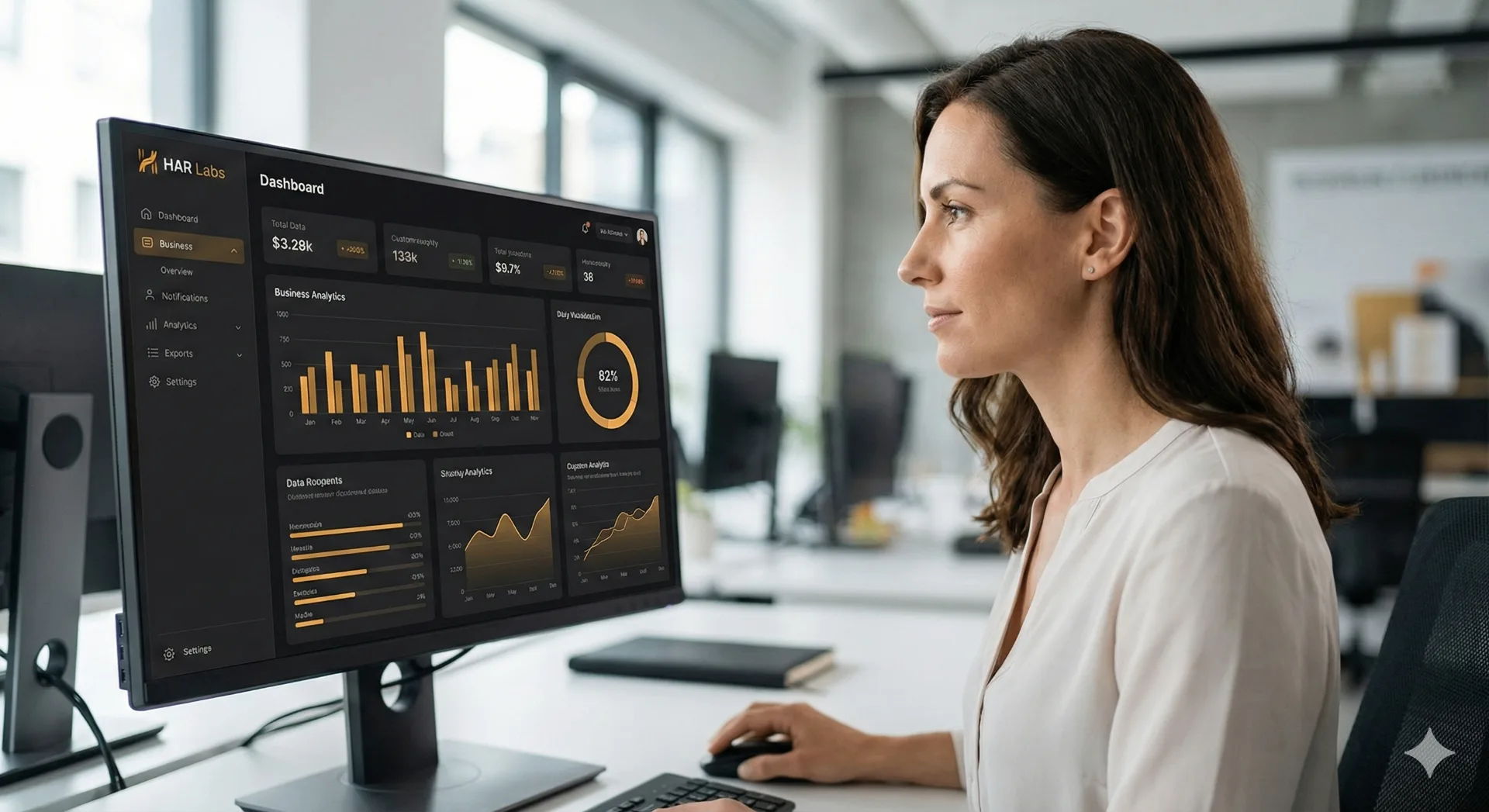 Business professional viewing a streamlined analytics dashboard
