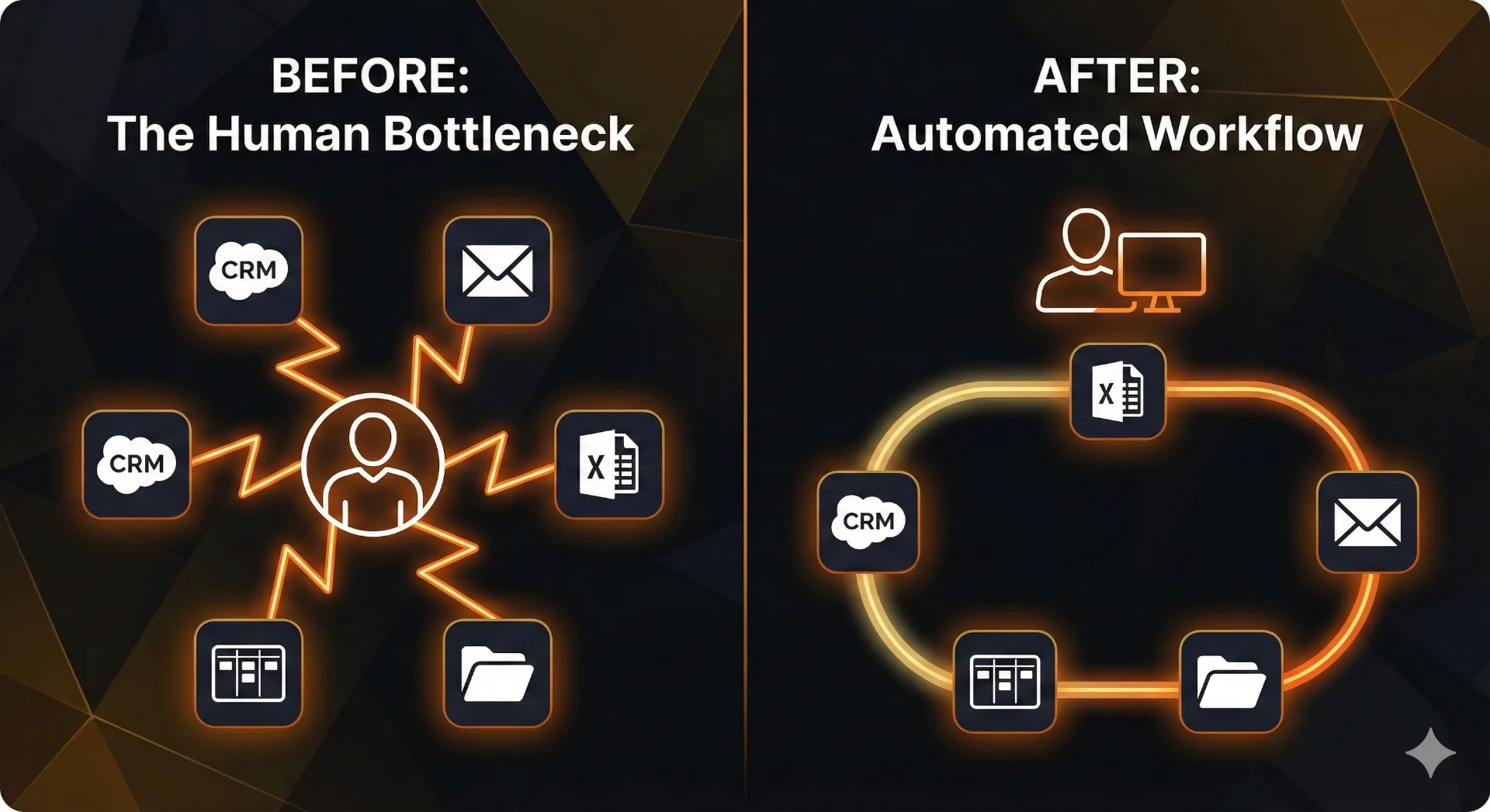 Before and after diagram showing human bottleneck vs automated workflow