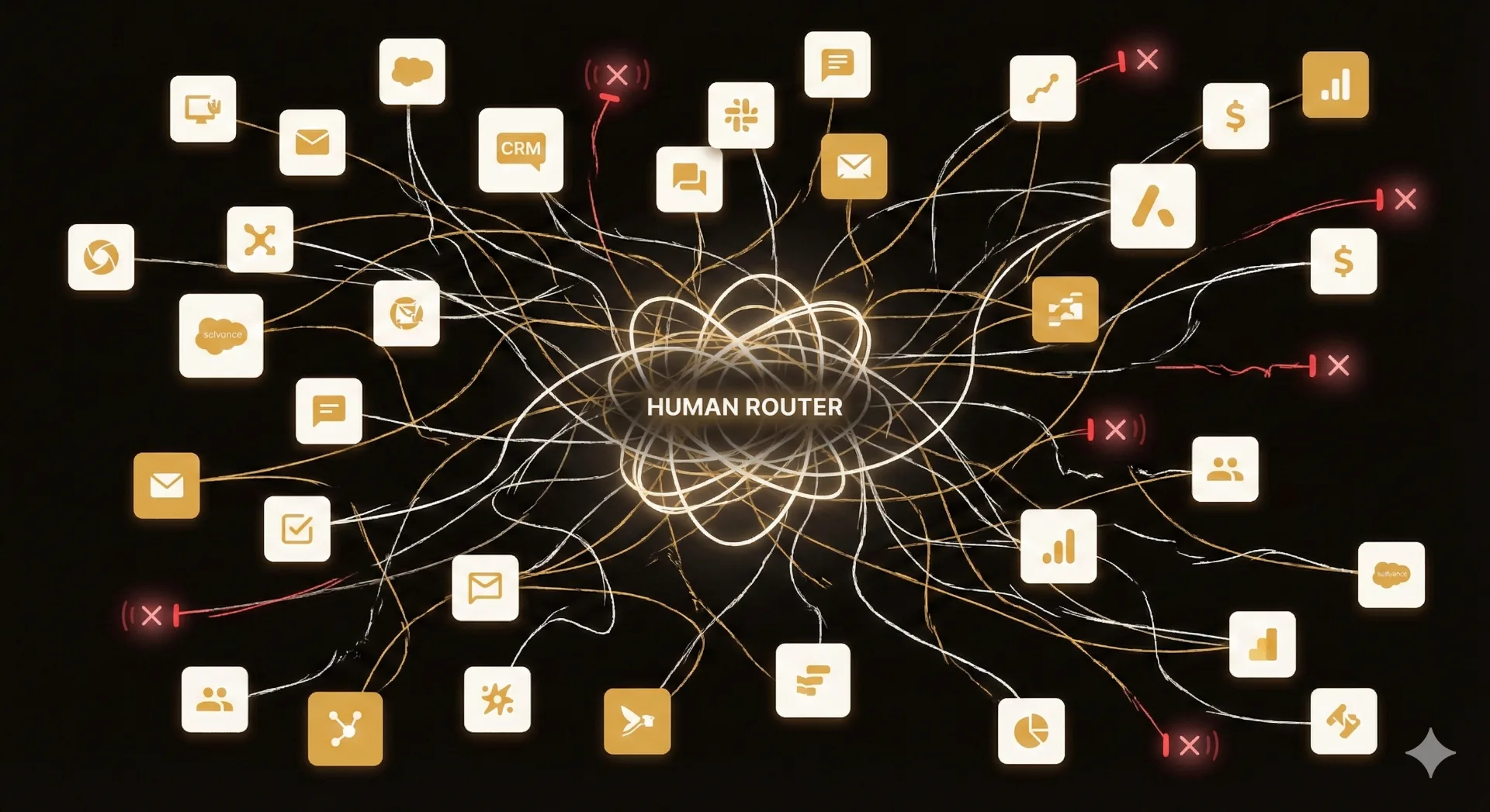 A visual representation of operational chaos, where employees act as a human router in a tangled web of disconnected software